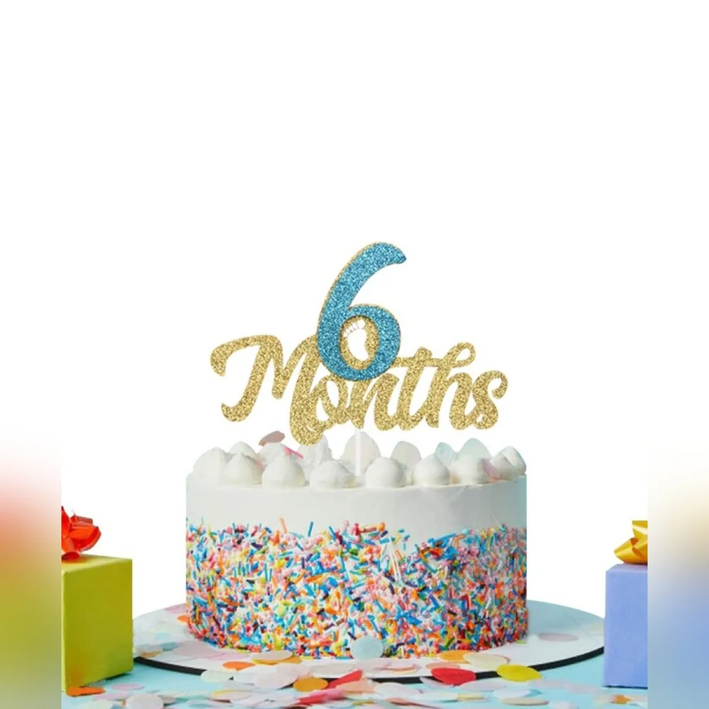 Gold Glitter 6 Months Cake Topper - Half Year Cake Topper, 1/2 Birthday Cake Top